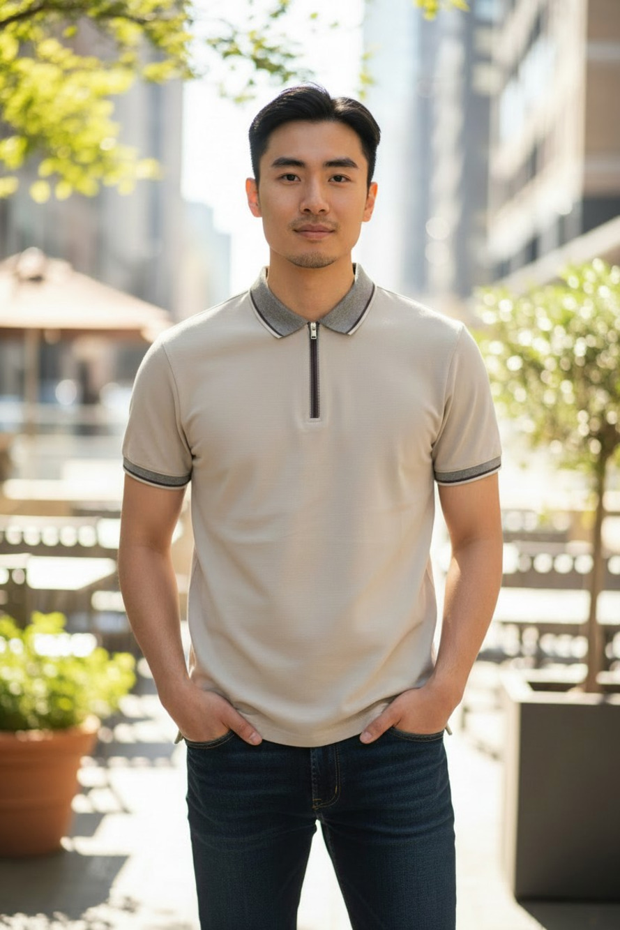 Benjamin Black Quarter-Zip Polo Shirt Size: Large Color: Beige w/ Brown Trim